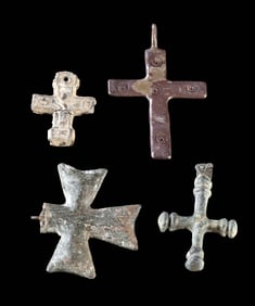 Four Byzantine Bronze, Silver, Tin & Copper Crosses