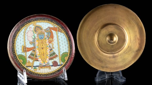 Indian Brass Box Shrine Shrinathji Painting w/ Pearls!
