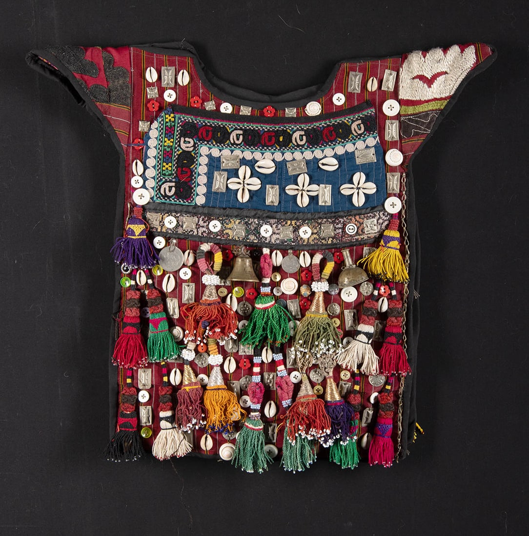 Turkmen Child's Textile Tunic w/ Button Appliques: **Originally Listed At $200** Central Asia, Turkmenistan, Afghanistan, and Pakistan, Turkmen (Turkoman) culture, ca. late 20th century CE. An intricate ceremonial child's tunic made of cotton textiles