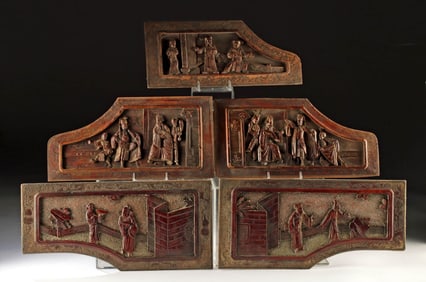 5 Chinese Gilded Wood Furniture Panels Courtship Scene