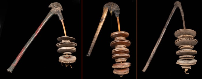 Three West African Wood & Gourd Sistrum Rattles