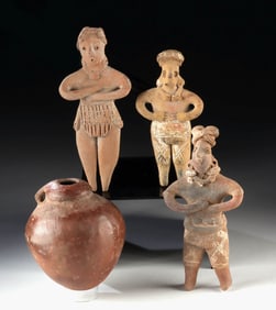 3 Colima Pottery Figures & Incised Pre-Columbian Vessel