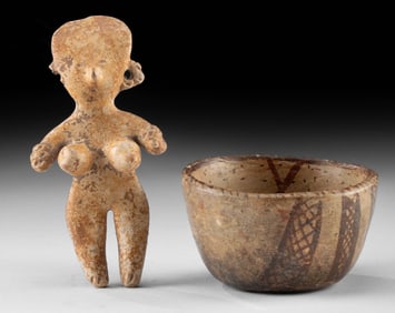 Nayarit Chinesco Figurine & Polychrome Miniature Bowl