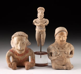 2 Colima Pottery Figures + Jalisco Seated Figure