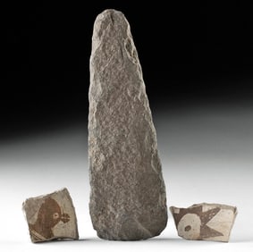 Prehistoric Mimbres Stone Celt + Two Pottery Sherds