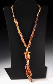Spondylus Shell Bead Necklace w/ Bird Whistle Pendant