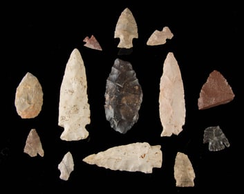 13 Native American Stone Arrowheads & Tools