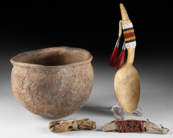 Native American Horn Spoon, Pottery Jar, Pouch & Cuff