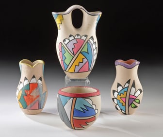 4 Vibrant 1950s Jemez Pueblo Polychrome Pottery Vessels