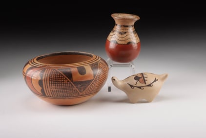 Lot of 3 Hopi Polychrome Pottery - Bowl, Jar & Turtle