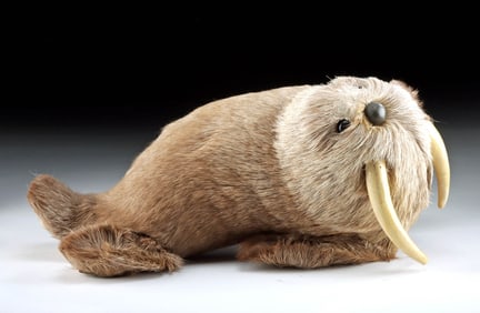 1950s Alaskan Caribou Fur & Wood Walrus Souvenir Toy