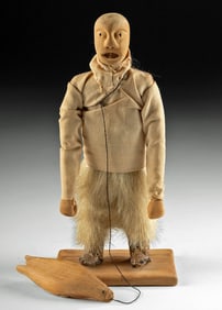1949 Aleut / Inuit Wood Hunter Doll w/ Seal
