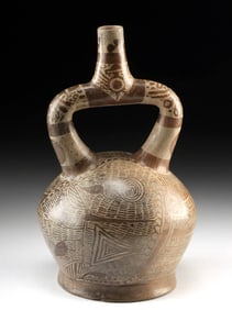 Moche V Stirrup Vessel w/ Fineline Decoration - Weapons