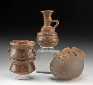 2 Ica Pottery Jars + 1 Chimu-Inca Slipper Pot w/ Lizard