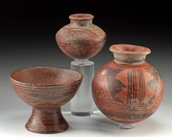 3 Narino Pottery Vessels - Globular Jars & Footed Dish