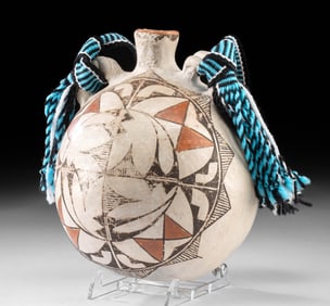 Early 20th C. Acoma Polychrome Pottery Canteen w/ Sash