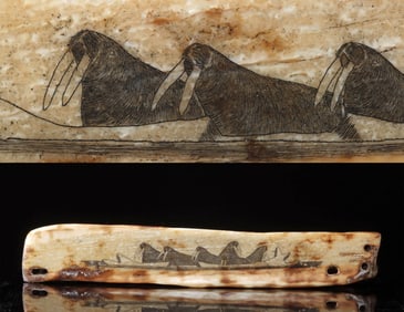 19th C. Inuit Ivory Runner w/ Modern Walrus Scrimshaw