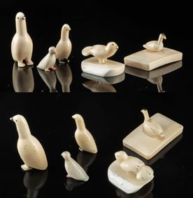 5 Inuit Walrus Ivory Bird Figurines with Pigment