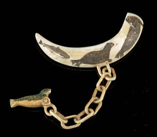 Inuit Walrus Ivory Scrimshaw Brooch w/ Chain links