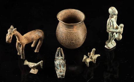 Lot of 6 West African Brass Figures, Animals, & Jar