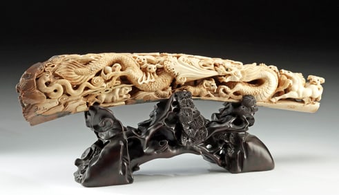 Fossilized Mammoth Tusk Carving, Chinese Zodiac Animals
