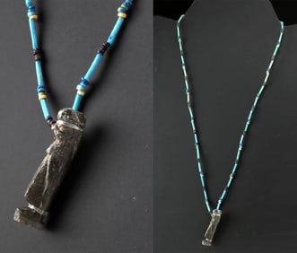 Egyptian Faience Necklace w/ Stone Qebehsenuef Amulet