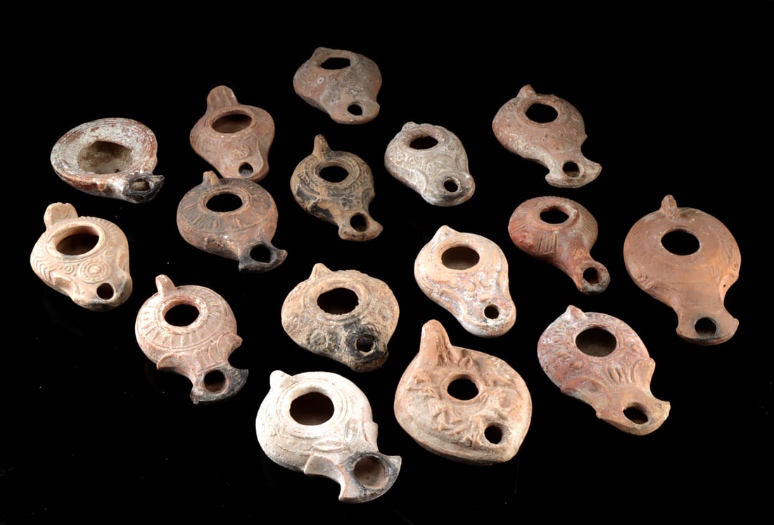 Lot of 16 Roman Pottery Oil Lamps - Geometric & Figural (1 of 2)