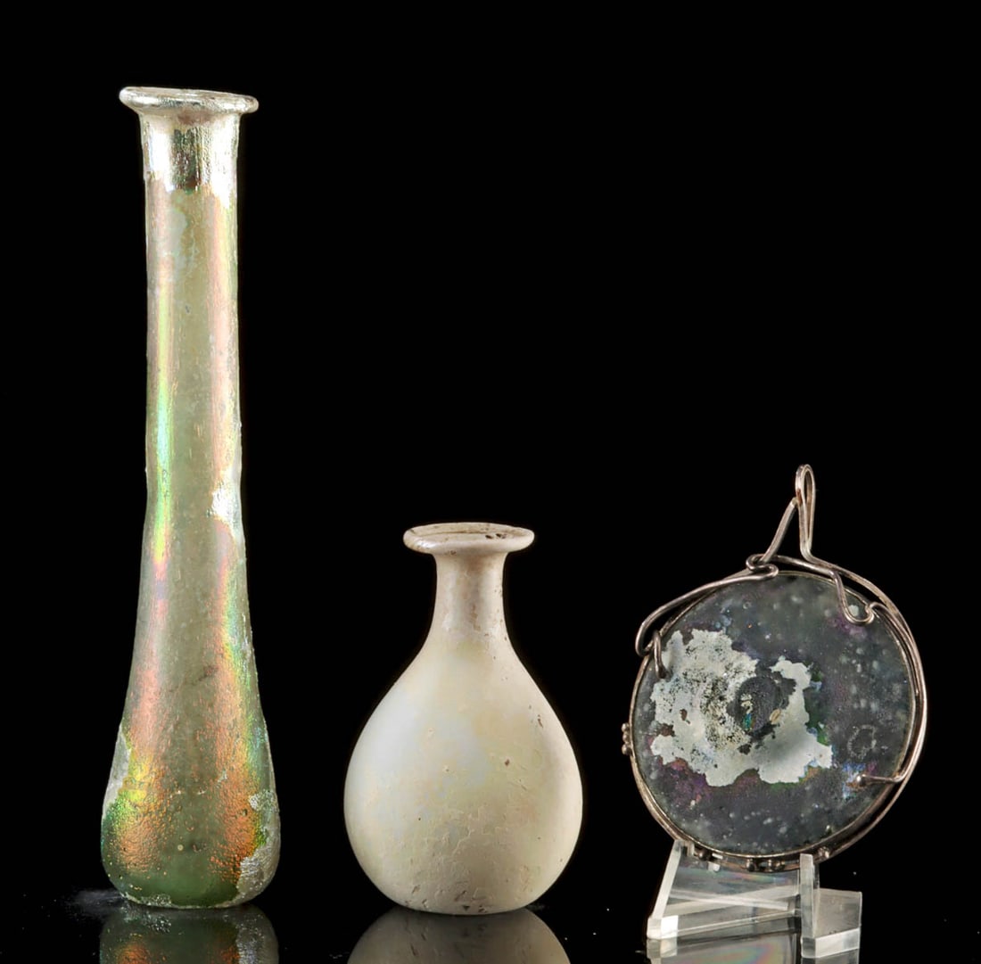 Two Roman Glass Flasks & Glass Pendant in Silver Bezel (1 of 3)
