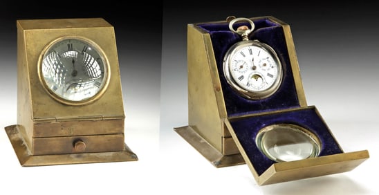 19th C. Brass Pocketwatch Nightstand w/ Magnifier Glass