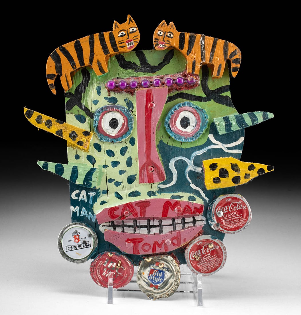 Tom Duimstra Mixed Media Sculpture - "Cat Man" (2000): Tom Duimstra (American, b. 1951). "Cat Man" mixed media: painted wood sculpture with bottle caps and beads, 2000. Signed and titled on lips; titled again at lower left. Signed and dated on verso. A fa