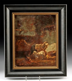 19th C. Charles Emile Jacque Painting - Sheep & Chicken