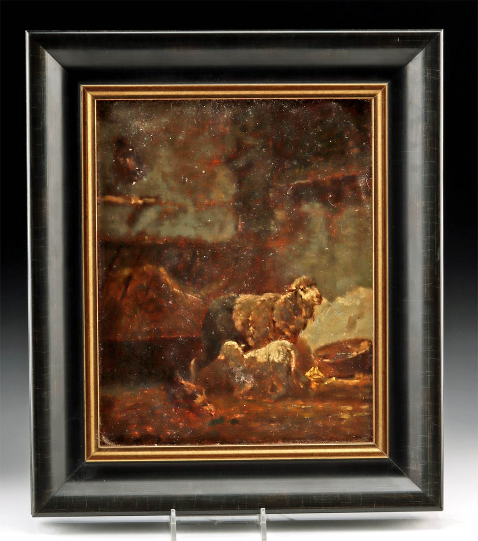19th C. Charles Emile Jacque Painting - Sheep & Chicken: Charles-Emile Jacque (French, 1813-1894). Sheep in a Barn. Oil on Board, second half of 19th century. Signed at lower left. A mesmerizing animal painting by French Barbizon artist Charles-Emile Jacque