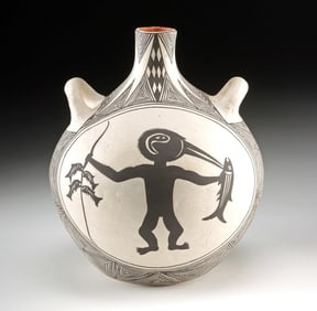 Acoma Pottery Canteen Painted w/ Fish & Bird-Man Figure