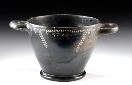 Gnathian Black-Glaze Skyphos w/ Vines and Garlands