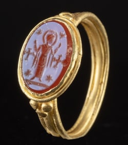 Byzantine Gold & Glass Intaglio Ring w/ Saint Orans