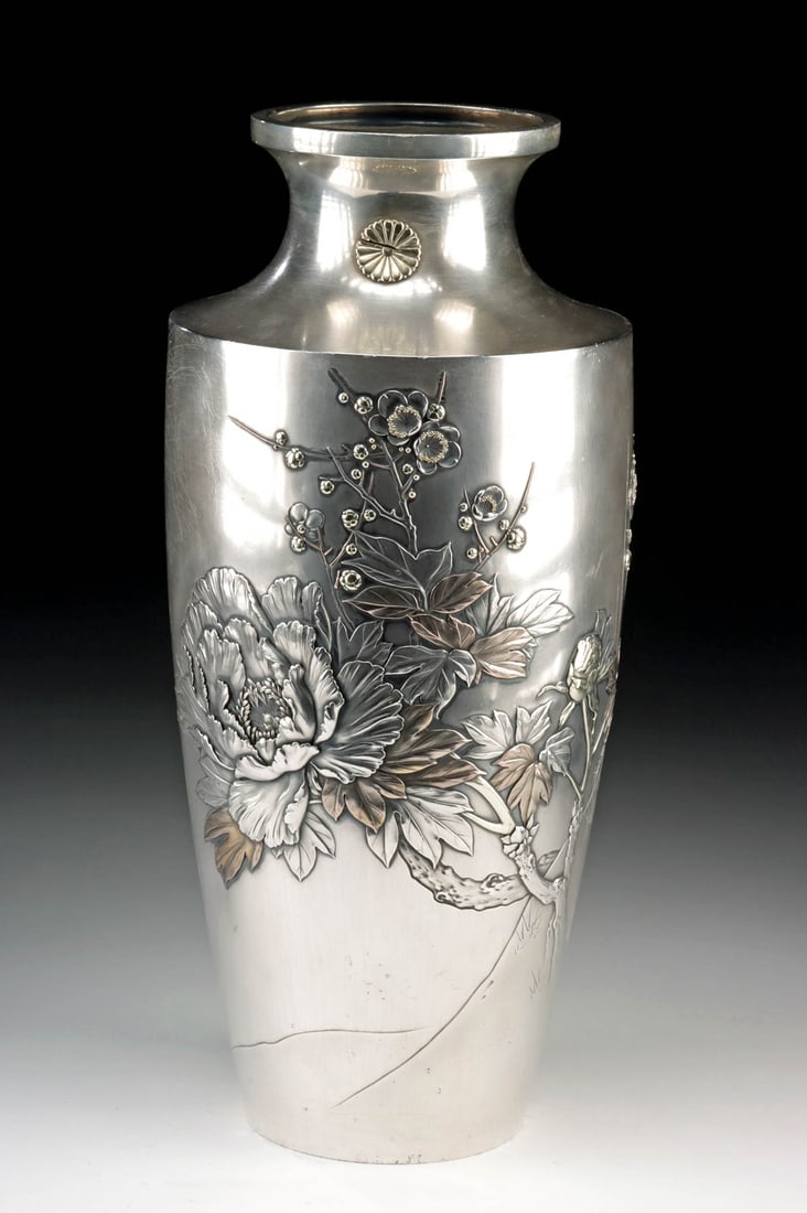 Japanese Silver Vase of Blossoming Peonies & Cherry (1 of 4)