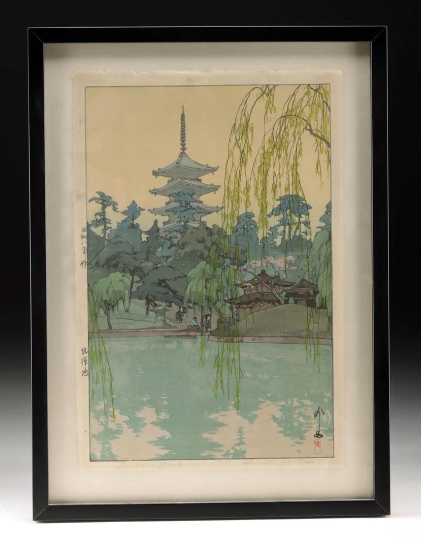 Hiroshi Yoshida Woodcut - "Sarusawa Pond" (1933): Hiroshi Yoshida (Japanese, 1876-1950). "Sarusawa Pond" woodblock print on paper, 1933. Hand-signed and titled in pencil at left and lower margins; artist's seal in red at lower right. A tranquil visio