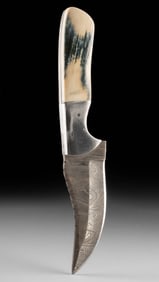 Fossilized Mammoth Ivory Handle Knife, Damascus Steel