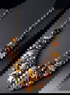 Gilt-Silver Statement Necklace w/ Ammolite & Gemstones: A statement necklace composed of gilt-sterling silver settings framing a stunning array of natural gemstones and fossils - including vibrant mookaite jasper, ammolite, iridescent ammonite fossils,