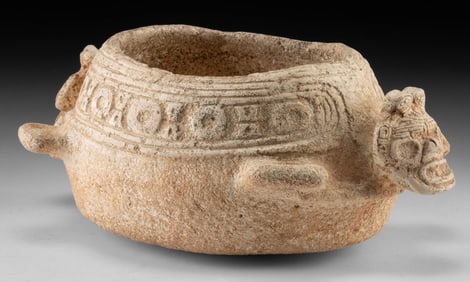 Rare Taino Limestone Ritual Bowl w/ Dual Heads
