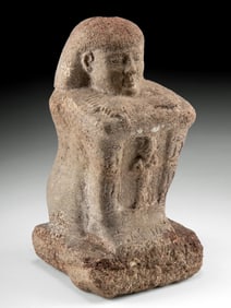 Inscribed Egyptian Sandstone Block Statue Male Holding Naos w/ Osiris