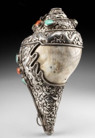 Tibetan Silver Conch Trumpet w/ Coral & Turquoise Inlay