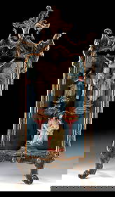 18th C. Brazilian Colonial Oratory w/ Stone Figures of Christ, Virgin, Saints: South America, Brazil, probably Minas Gerais, ca. 18th century CE. A masterful gilt and painted wood oratory (nicho) that houses a moving ensemble of carved-stone devotional figures, arranged in a tab