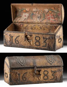 European Armorial Chest Dated 1683, Stuart and Imperial Emblems