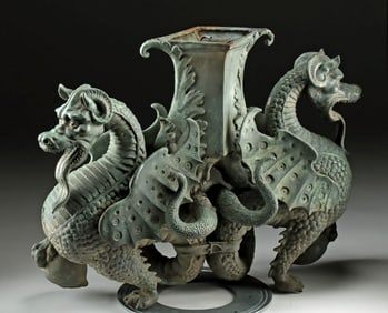 19th C. French Brass Fountain Group - Twin Wyverns