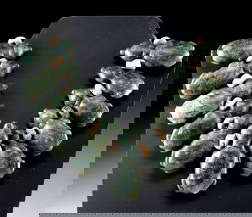 Superb Pre-Columbian Serpentine Toad Necklace: Pre-Columbian, Olmec-influenced, ca. 500 BCE to 800 CE. composed of sixteen hand-carved serpentine toad effigies, each rendered with softly rounded features and a lustrous green polish, interspersed