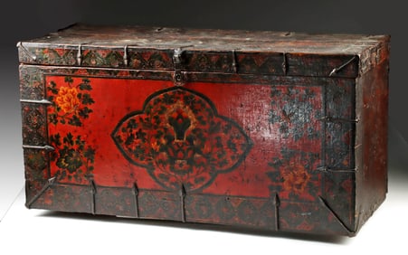 17th C. Tibetan Iron-Bound Gilt Lacquered Monastic Chest