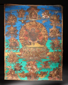 19th C. Tibetan Thangka Depicting Vajrapani within a Flaming Aureole