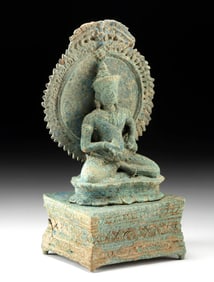 12th C. Khmer Bronze Vajrasattva Seated on Lotus Throne
