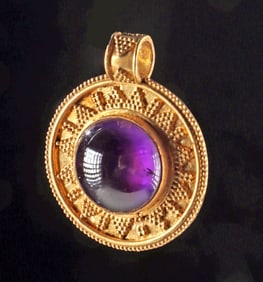 19th C. Etruscan Revival Gold Pendant w/ Amethyst